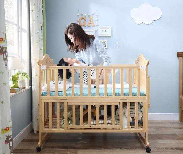 林氏木业实木带护栏加宽婴儿床   圆角打磨细心呵护