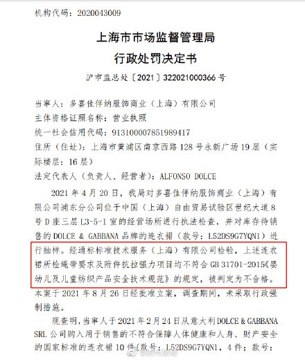 杜嘉班納銷售不合格童裝被罰12.6萬    沒收違法所得的0.8萬元