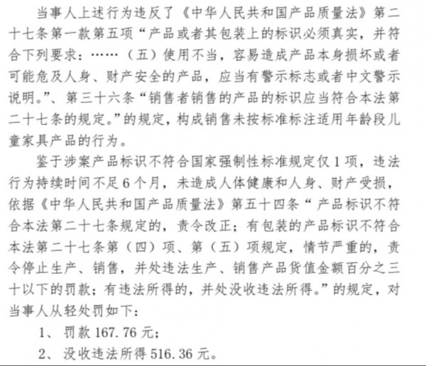上海宜家因儿童家具不合格被罚 罚款167.76元，且没收违法所得516.36元