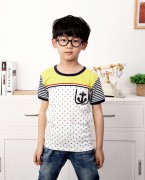 韩版新款中大男童宝宝夏季拼接印花值绒T恤
