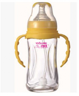 /钛金玻璃奶瓶宽口径240ml 带柄宽口抗摔玻璃奶瓶