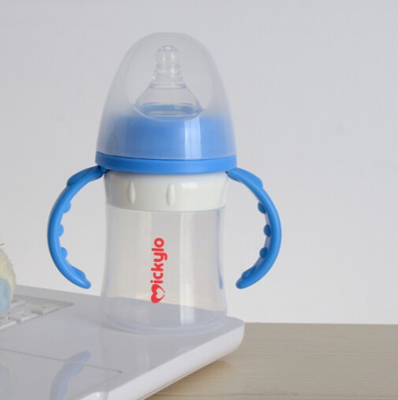 米奇乐爆款宽口带柄自动奶瓶 优质硅胶奶瓶 140ml弧形奶瓶