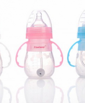  硅胶奶瓶 140ML宽口径带手柄吸管弧形自动婴儿奶瓶