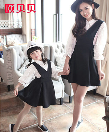 颐贝贝童装蕾丝衬衫黑色雪纺背带裙母女装代理,样品编号:47483