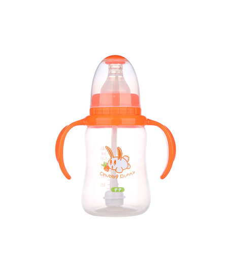 丘比兔奶瓶pp标准口径葫芦型自动把手奶瓶140ml橙色代理,样品编号:62338