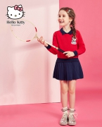 凯蒂猫2019女童秋装新款 洋气儿童长袖娃娃领针织连衣裙